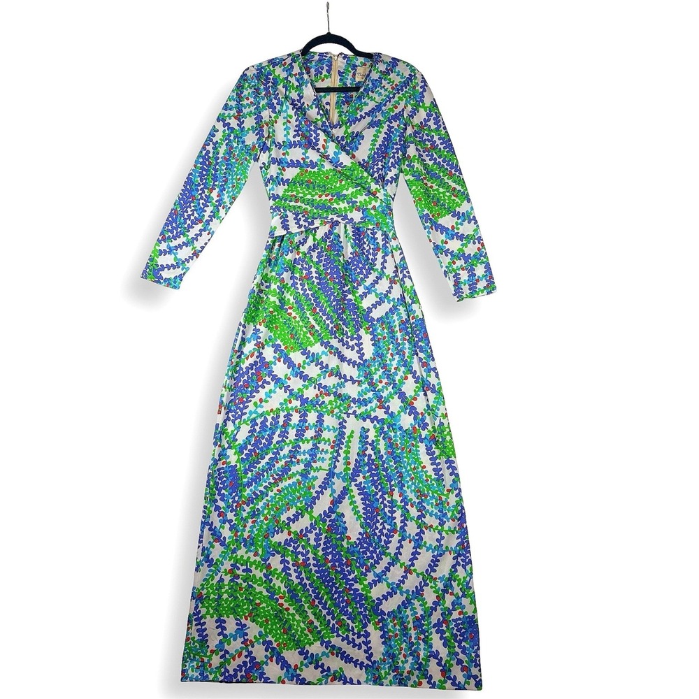 Nat Kaplan Couture Vintage Floral Maxi Dress Blue Green Botanical Long Sleeve